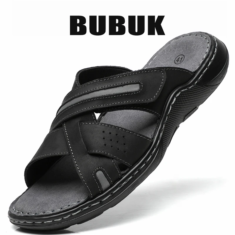 Bubuk Retro Genuine Leather Sandals, Made from Top-Layer Cowhide and Hand-Stitched, Versatile Men's Fashion Slippers for Business and Casual Wear