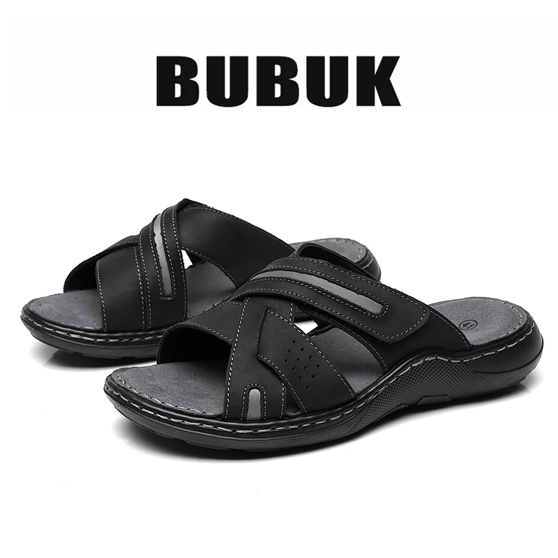 Bubuk Retro Genuine Leather Sandals, Made from Top-Layer Cowhide and Hand-Stitched, Versatile Men's Fashion Slippers for Business and Casual Wear