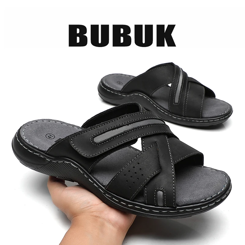 Bubuk Retro Genuine Leather Sandals, Made from Top-Layer Cowhide and Hand-Stitched, Versatile Men's Fashion Slippers for Business and Casual Wear