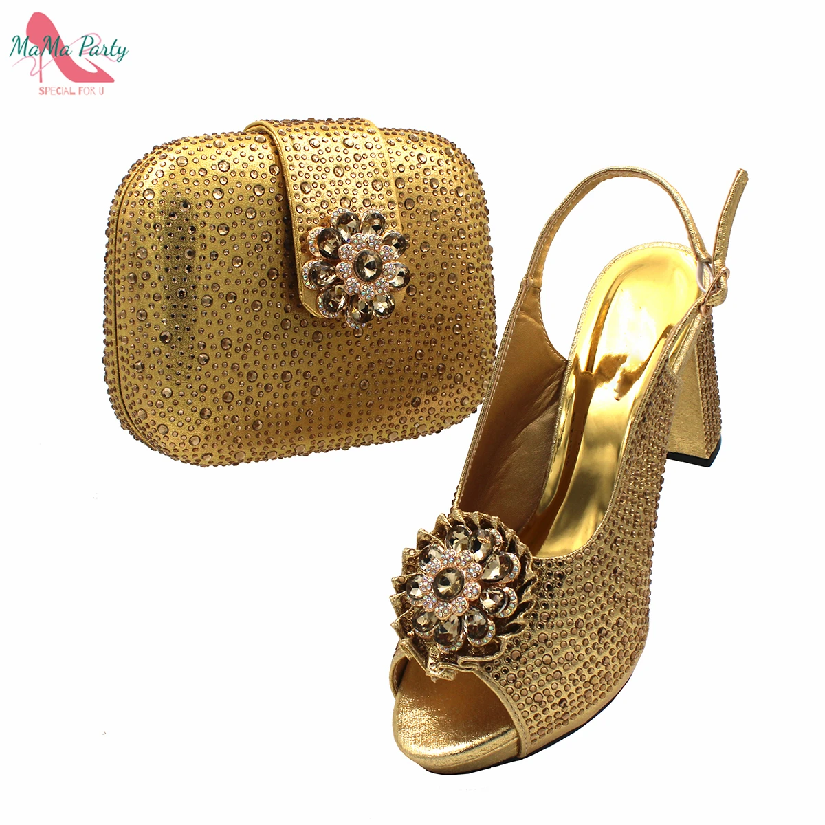 Buckle Strap Sandals Nigerian Women Shoes and Bag Set in Yellow Color with Shinning Crystal Italian Lady Shoes and Bag for Party