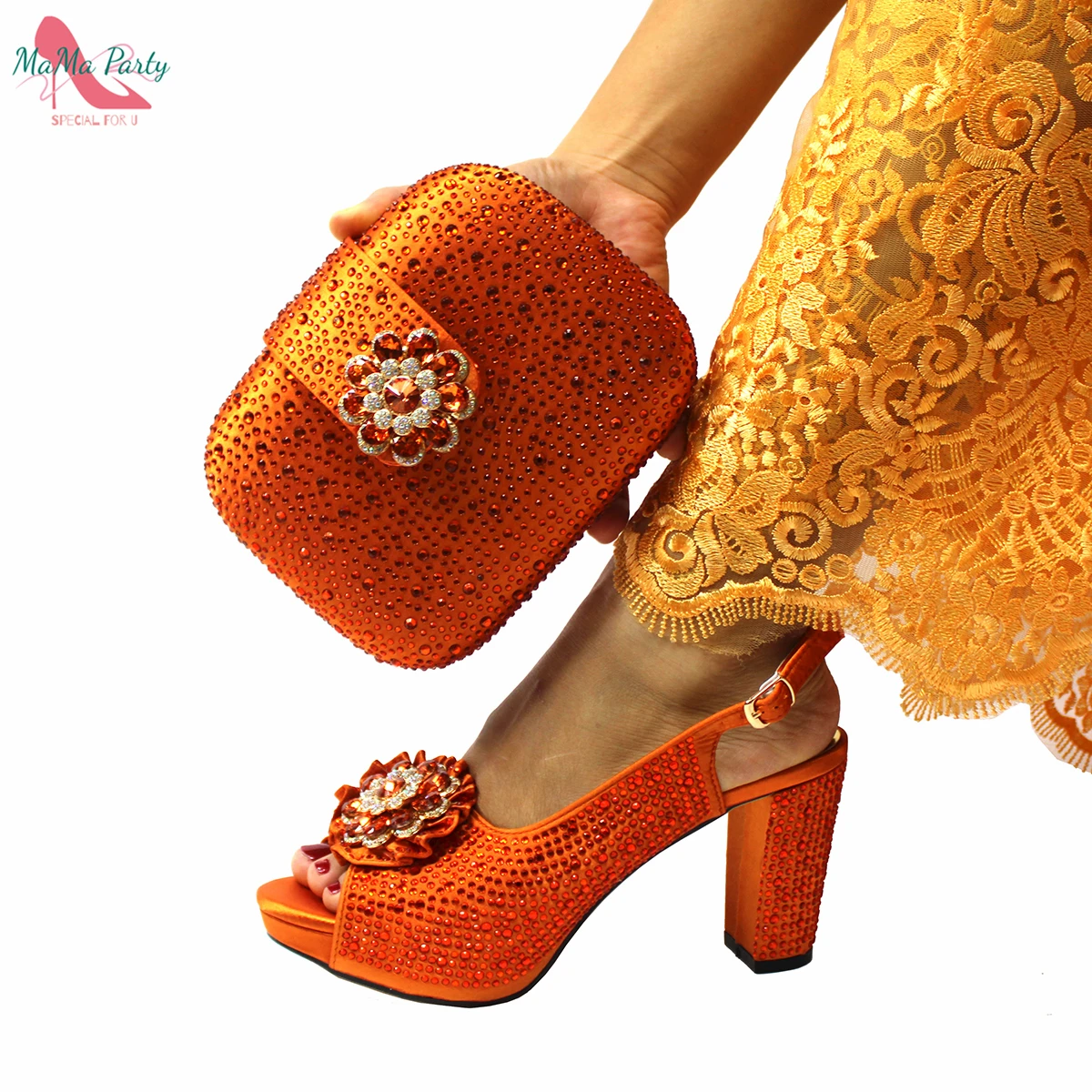 Buckle Strap Sandals Nigerian Women Shoes and Bag Set in Yellow Color with Shinning Crystal Italian Lady Shoes and Bag for Party