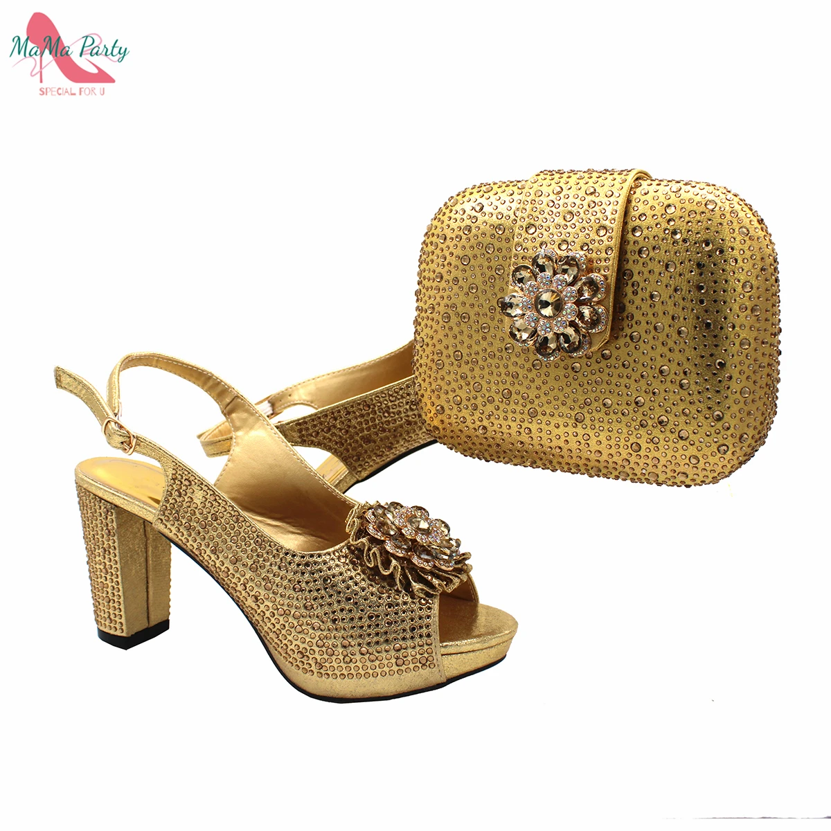 Buckle Strap Sandals Nigerian Women Shoes and Bag Set in Yellow Color with Shinning Crystal Italian Lady Shoes and Bag for Party