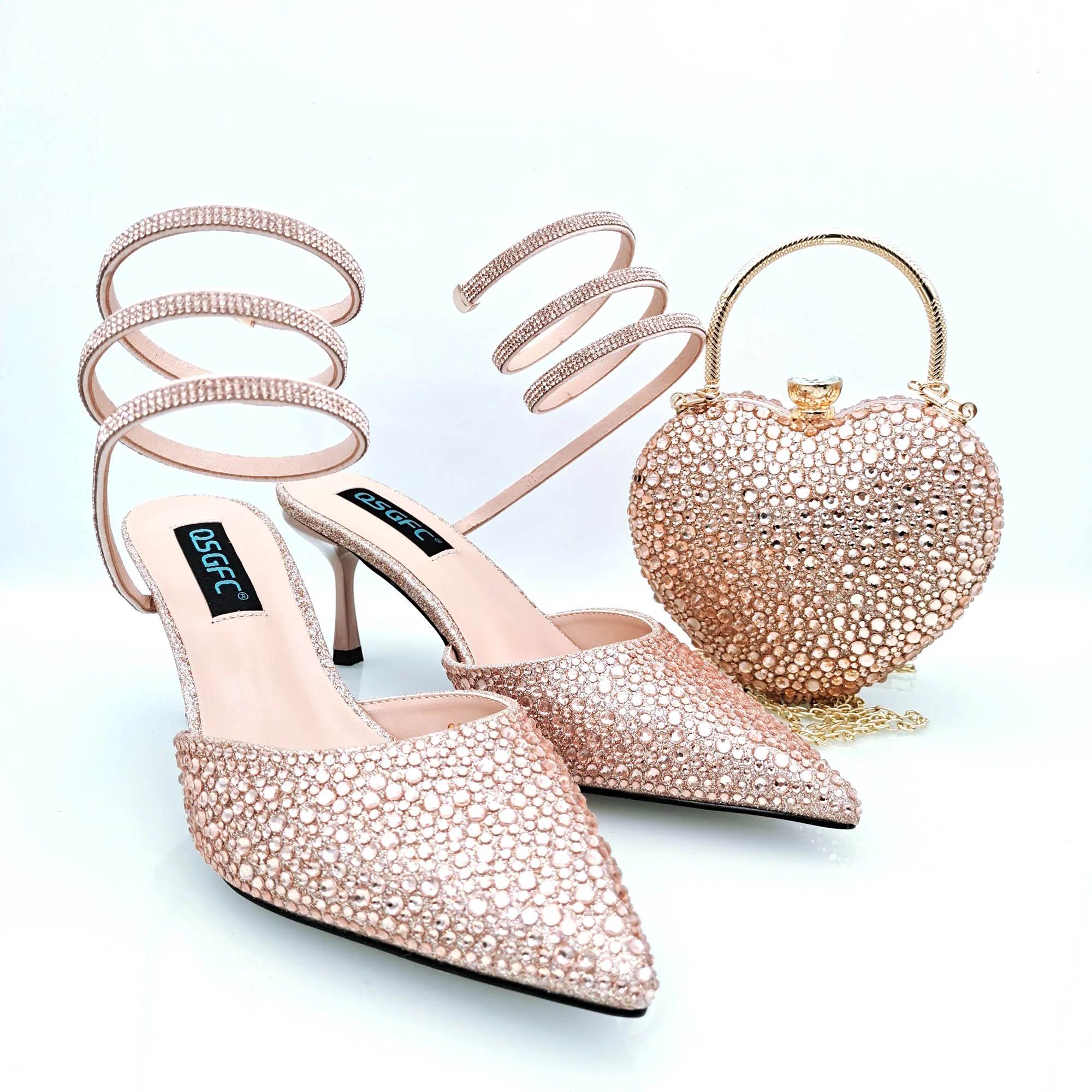 QSGFC Fashionable Girly Style Shoes And Bag Full Diamond Women's Pointed Toe High Heels African Popular Wedding Shoes and Bag