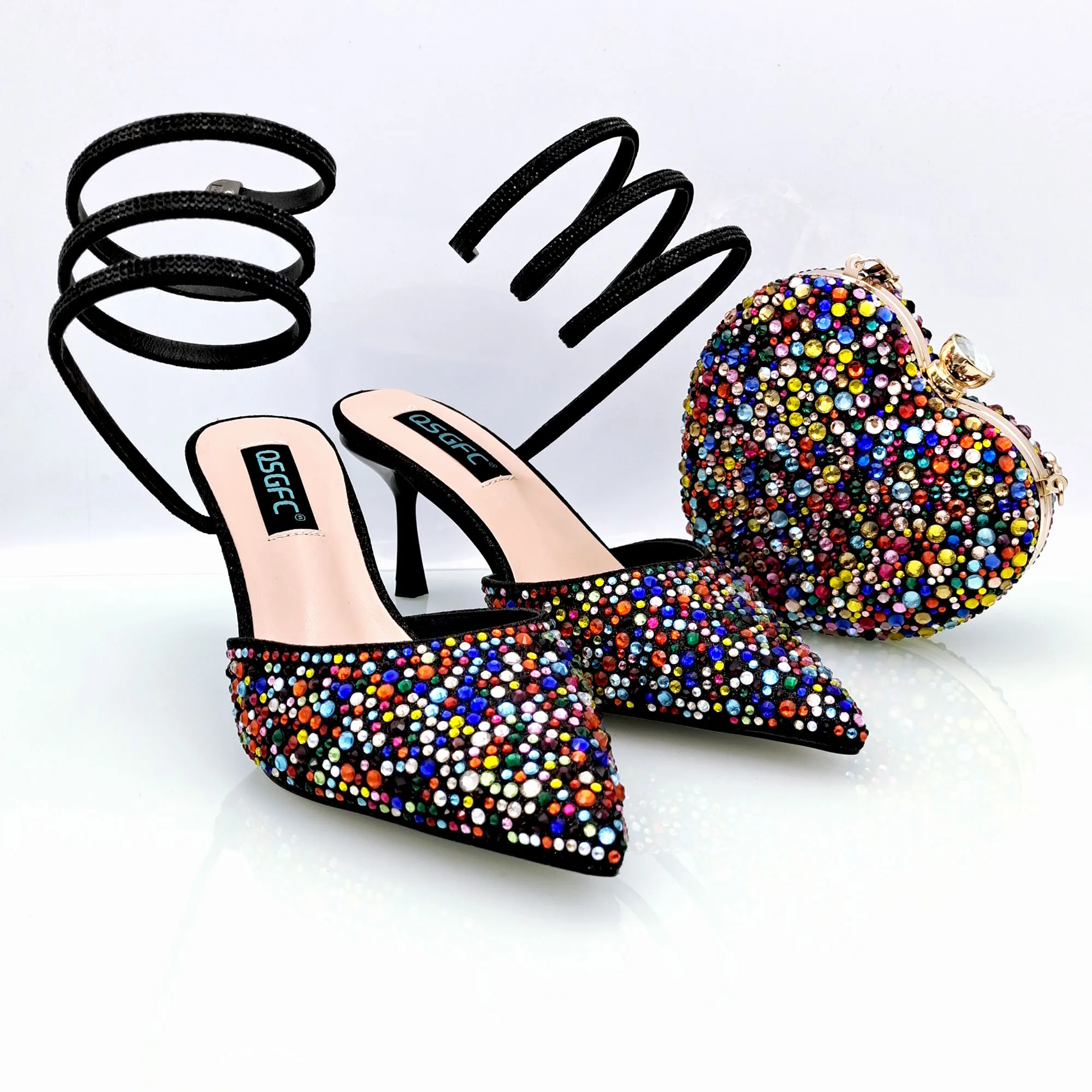 QSGFC Fashionable Girly Style Shoes And Bag Full Diamond Women's Pointed Toe High Heels African Popular Wedding Shoes and Bag