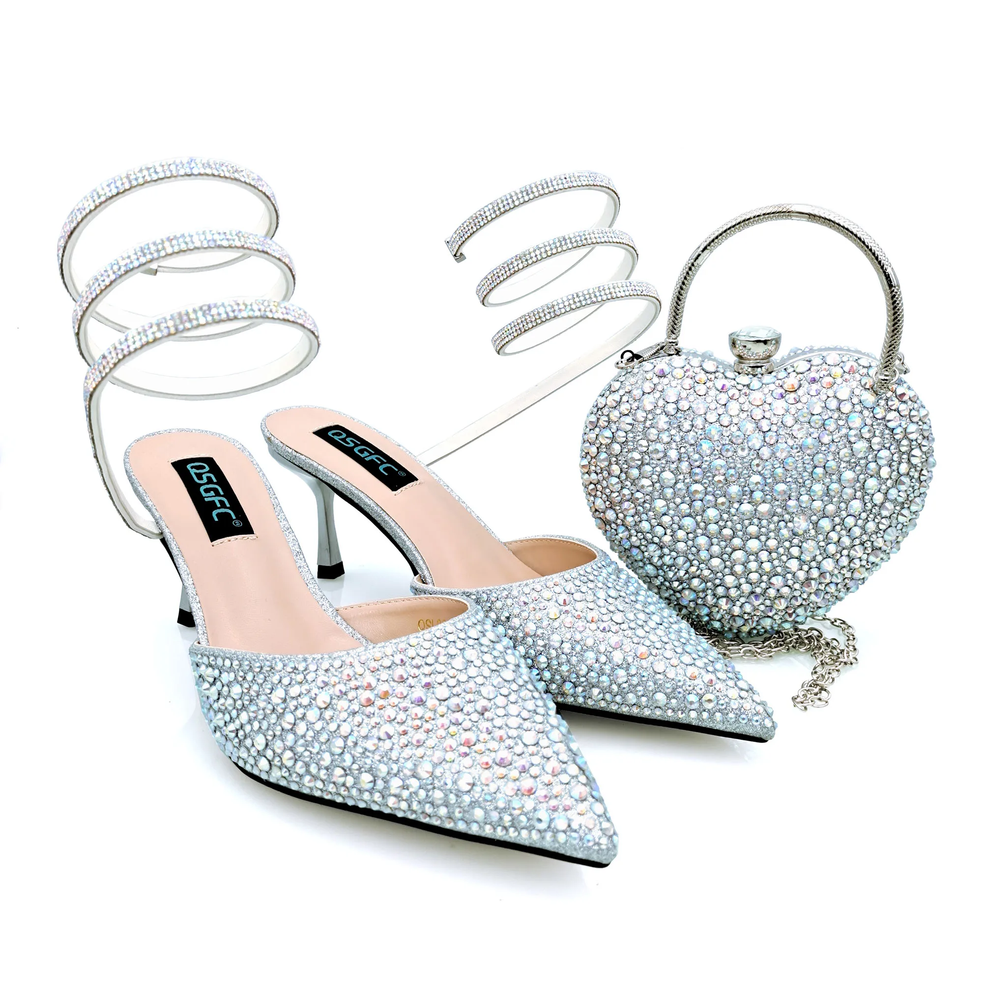 QSGFC Fashionable Girly Style Shoes And Bag Full Diamond Women's Pointed Toe High Heels African Popular Wedding Shoes and Bag