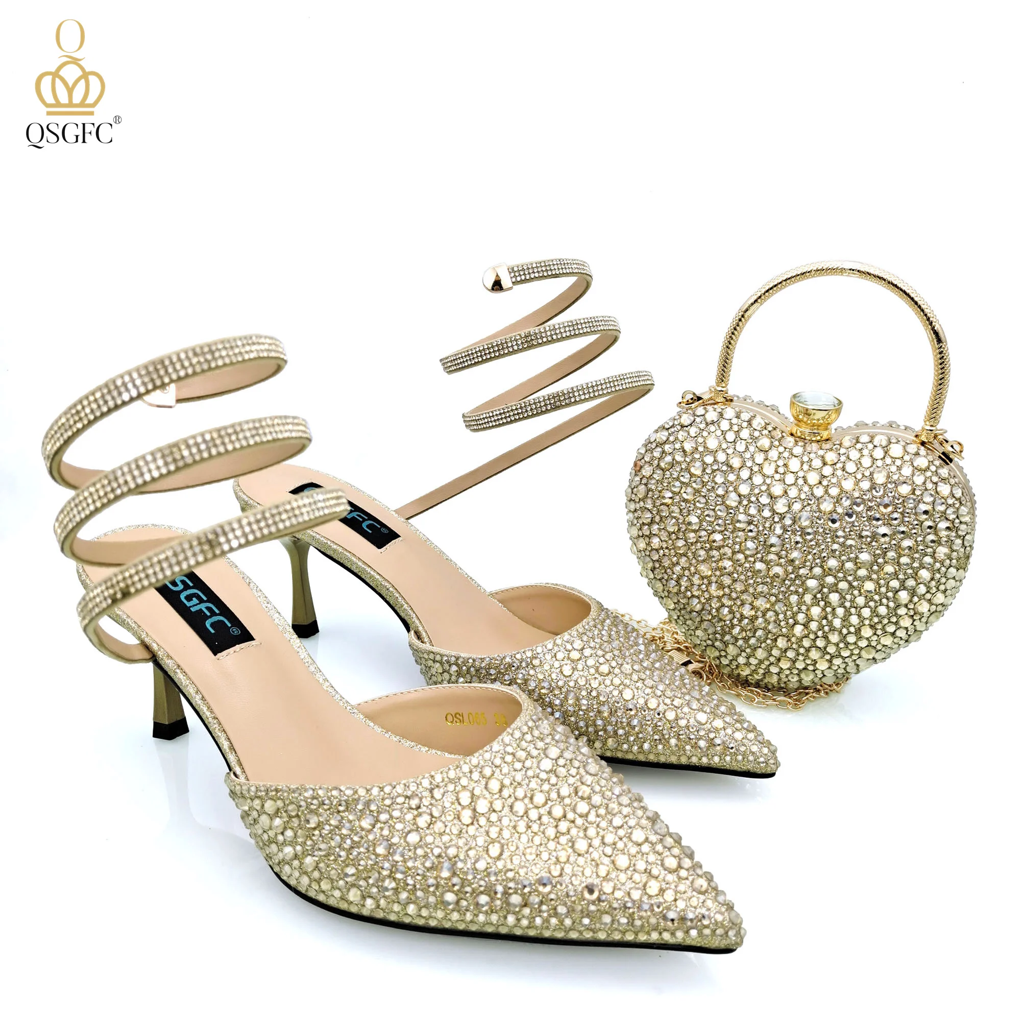QSGFC Fashionable Girly Style Shoes And Bag Full Diamond Women's Pointed Toe High Heels African Popular Wedding Shoes and Bag