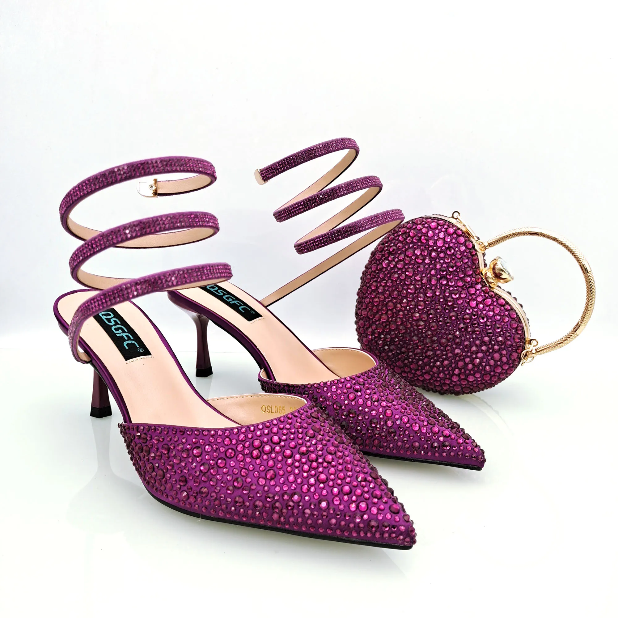 QSGFC Fashionable Girly Style Shoes And Bag Full Diamond Women's Pointed Toe High Heels African Popular Wedding Shoes and Bag