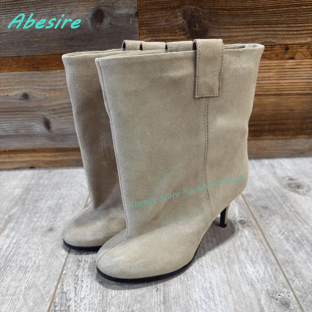 Brown Suede Slip On Ankle Boots Round Toe Thin Heels Elegant Women's Boots Retro Winter Daily Office Fashion Ladies Shoes