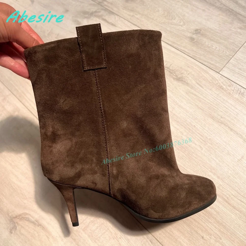 Brown Suede Slip On Ankle Boots Round Toe Thin Heels Elegant Women's Boots Retro Winter Daily Office Fashion Ladies Shoes