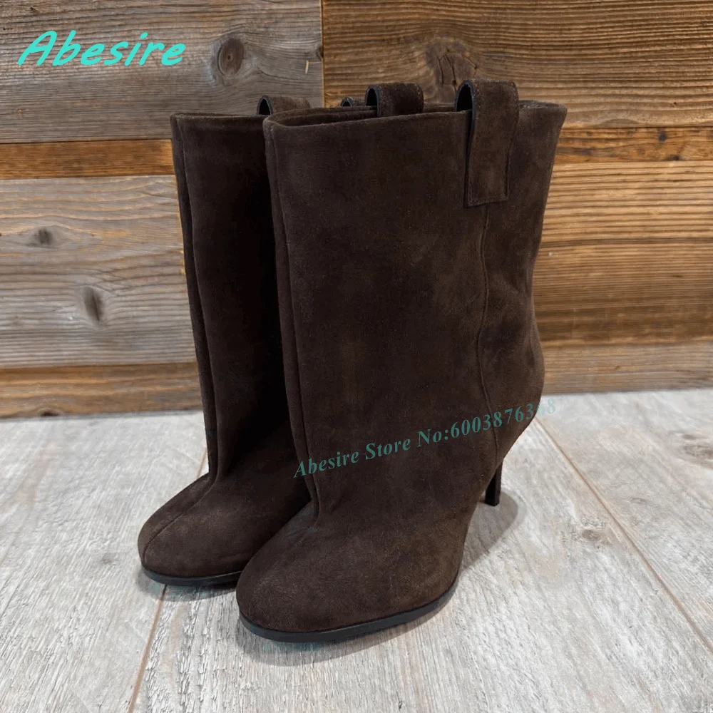Brown Suede Slip On Ankle Boots Round Toe Thin Heels Elegant Women's Boots Retro Winter Daily Office Fashion Ladies Shoes