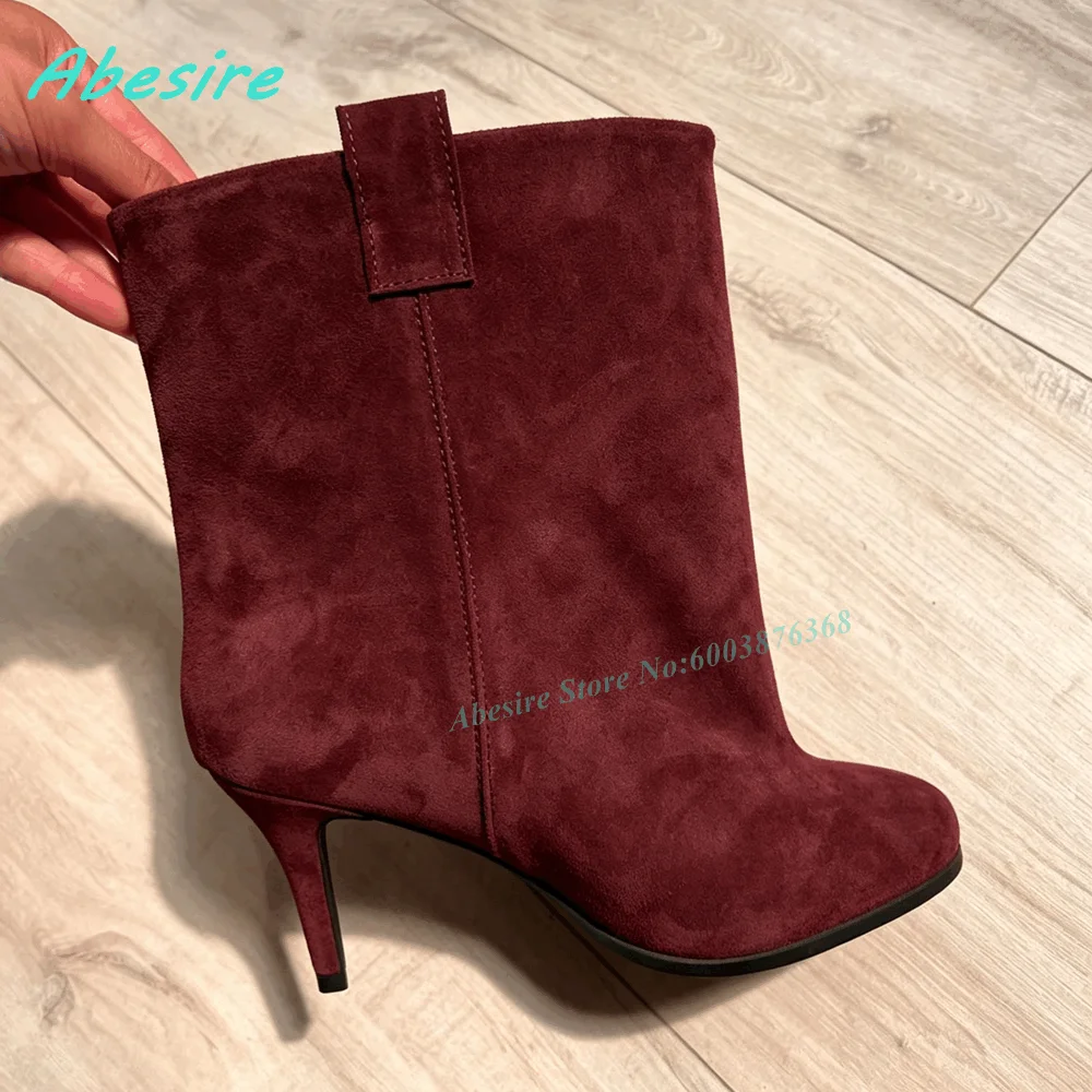 Brown Suede Slip On Ankle Boots Round Toe Thin Heels Elegant Women's Boots Retro Winter Daily Office Fashion Ladies Shoes