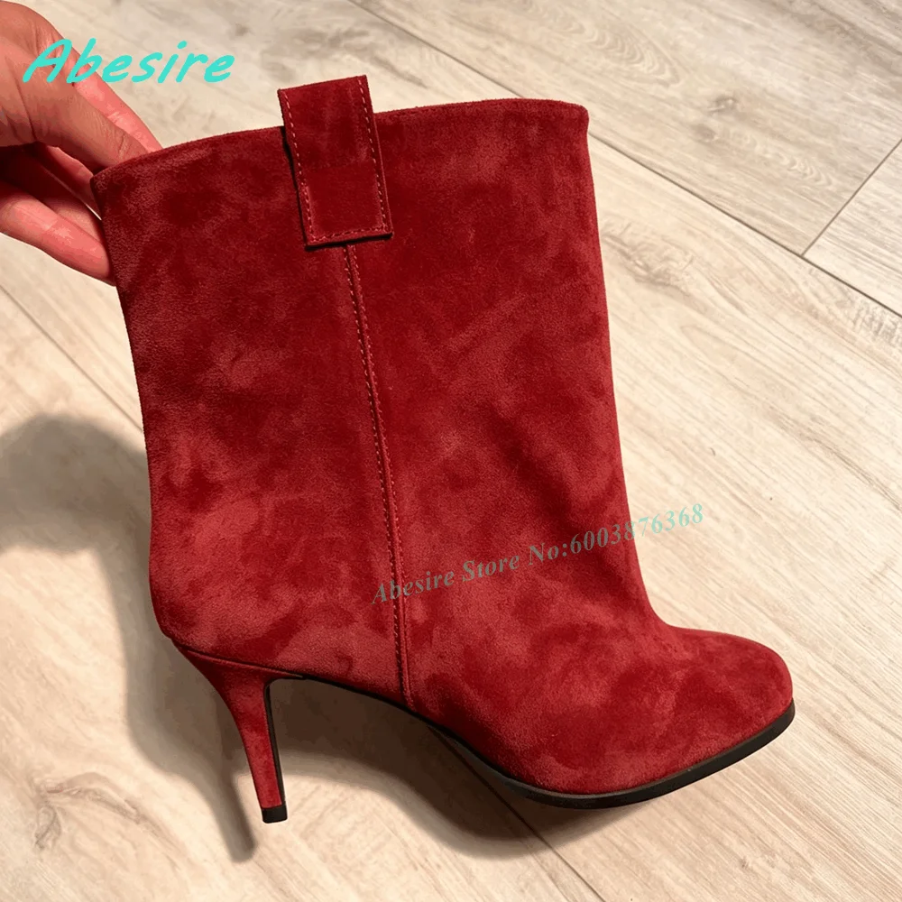 Brown Suede Slip On Ankle Boots Round Toe Thin Heels Elegant Women's Boots Retro Winter Daily Office Fashion Ladies Shoes