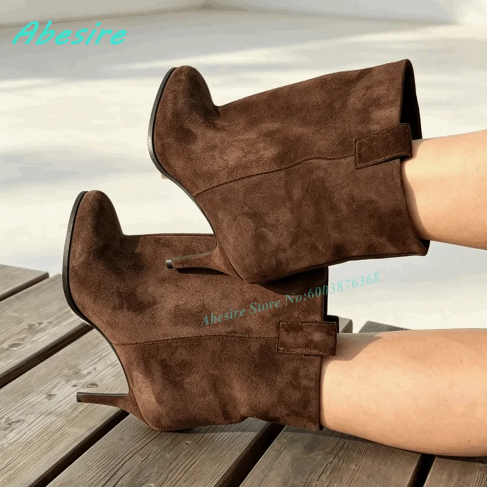 Brown Suede Slip On Ankle Boots Round Toe Thin Heels Elegant Women's Boots Retro Winter Daily Office Fashion Ladies Shoes