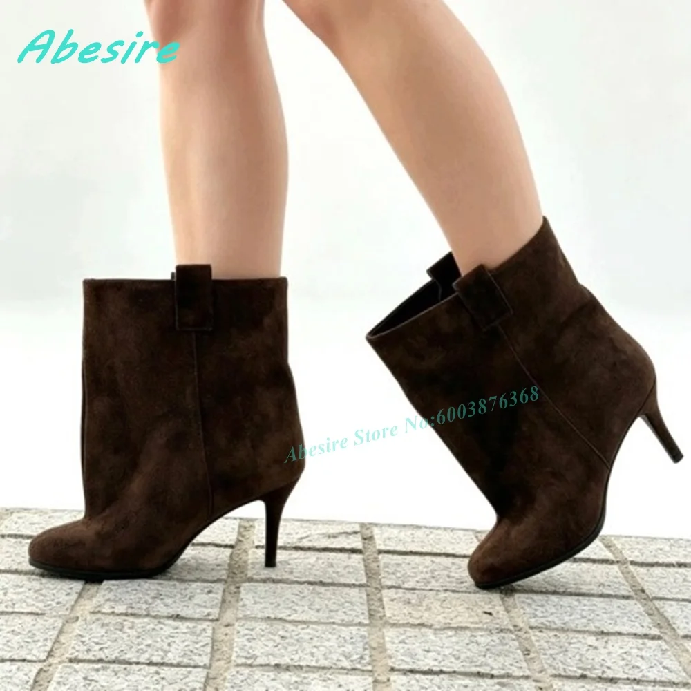 Brown Suede Slip On Ankle Boots Round Toe Thin Heels Elegant Women's Boots Retro Winter Daily Office Fashion Ladies Shoes