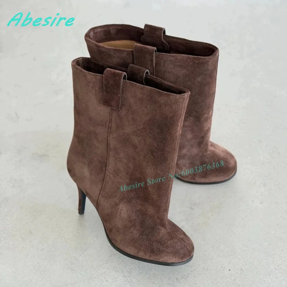 Brown Suede Slip On Ankle Boots Round Toe Thin Heels Elegant Women's Boots Retro Winter Daily Office Fashion Ladies Shoes