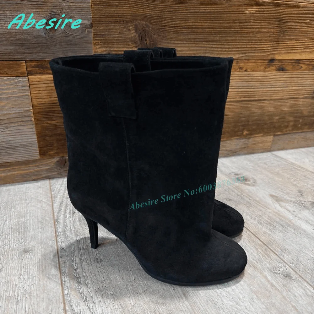 Brown Suede Slip On Ankle Boots Round Toe Thin Heels Elegant Women's Boots Retro Winter Daily Office Fashion Ladies Shoes