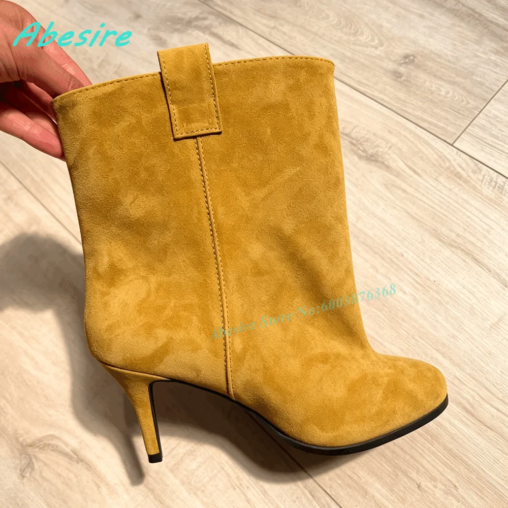 Brown Suede Slip On Ankle Boots Round Toe Thin Heels Elegant Women's Boots Retro Winter Daily Office Fashion Ladies Shoes