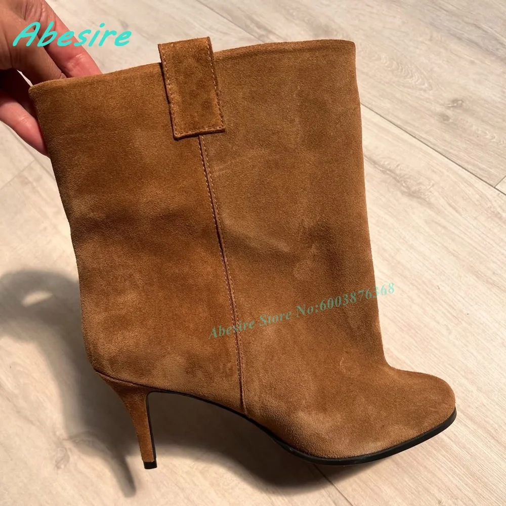 Brown Suede Slip On Ankle Boots Round Toe Thin Heels Elegant Women's Boots Retro Winter Daily Office Fashion Ladies Shoes