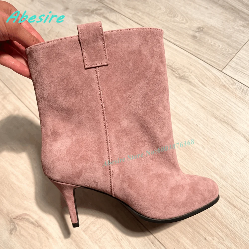 Brown Suede Slip On Ankle Boots Round Toe Thin Heels Elegant Women's Boots Retro Winter Daily Office Fashion Ladies Shoes