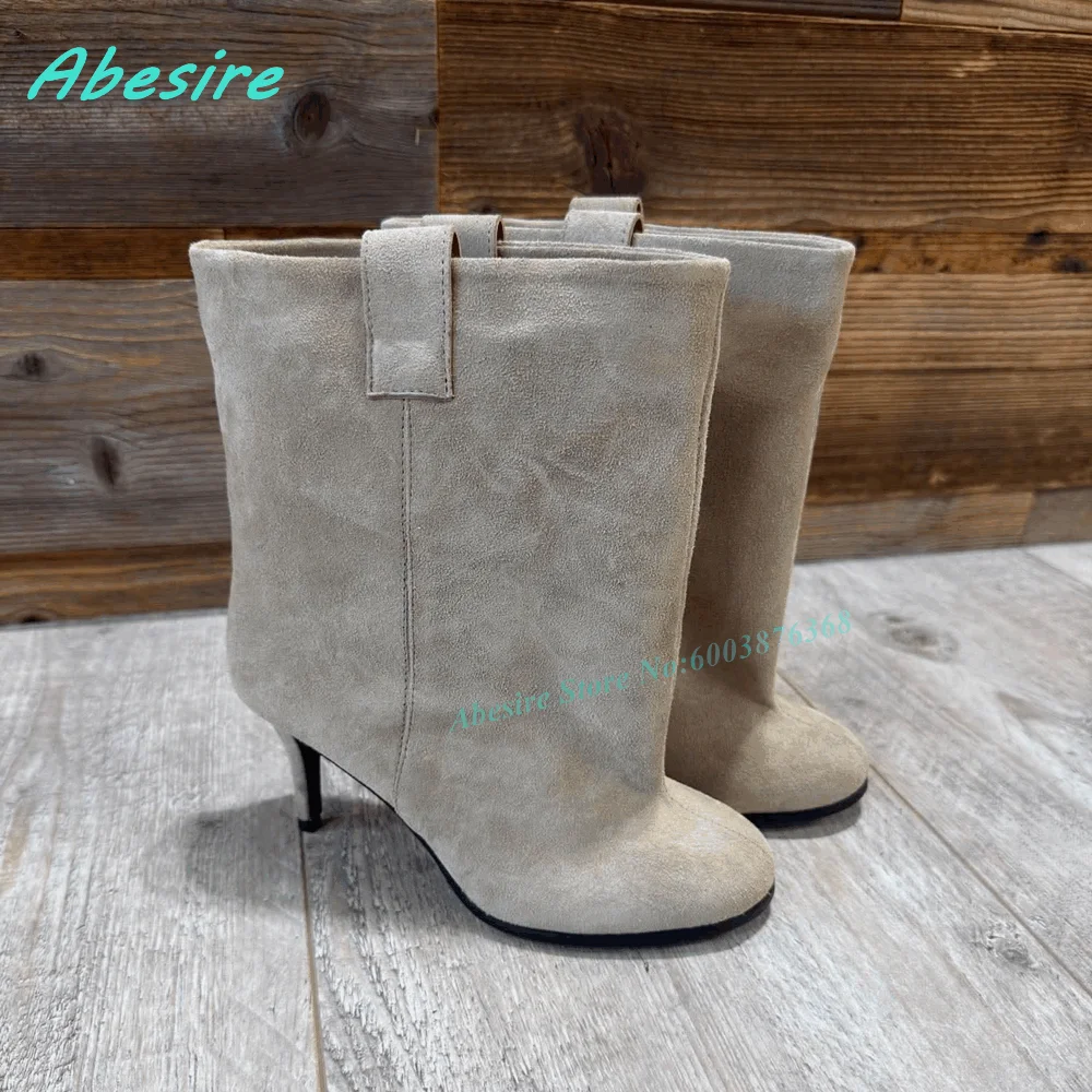 Brown Suede Slip On Ankle Boots Round Toe Thin Heels Elegant Women's Boots Retro Winter Daily Office Fashion Ladies Shoes