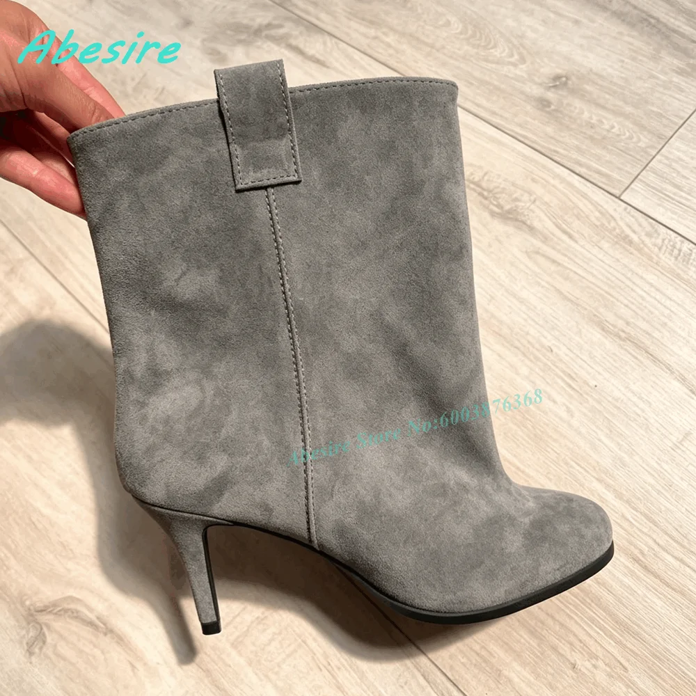 Brown Suede Slip On Ankle Boots Round Toe Thin Heels Elegant Women's Boots Retro Winter Daily Office Fashion Ladies Shoes