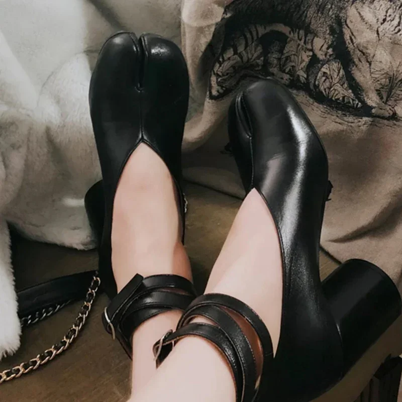 2026 Autumn Brand Design Split Toe Women Pumps Elegant Red Leather Shoes Women Chunky Round Strap Buckle High Heels Female