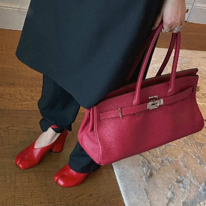 2026 Autumn Brand Design Split Toe Women Pumps Elegant Red Leather Shoes Women Chunky Round Strap Buckle High Heels Female