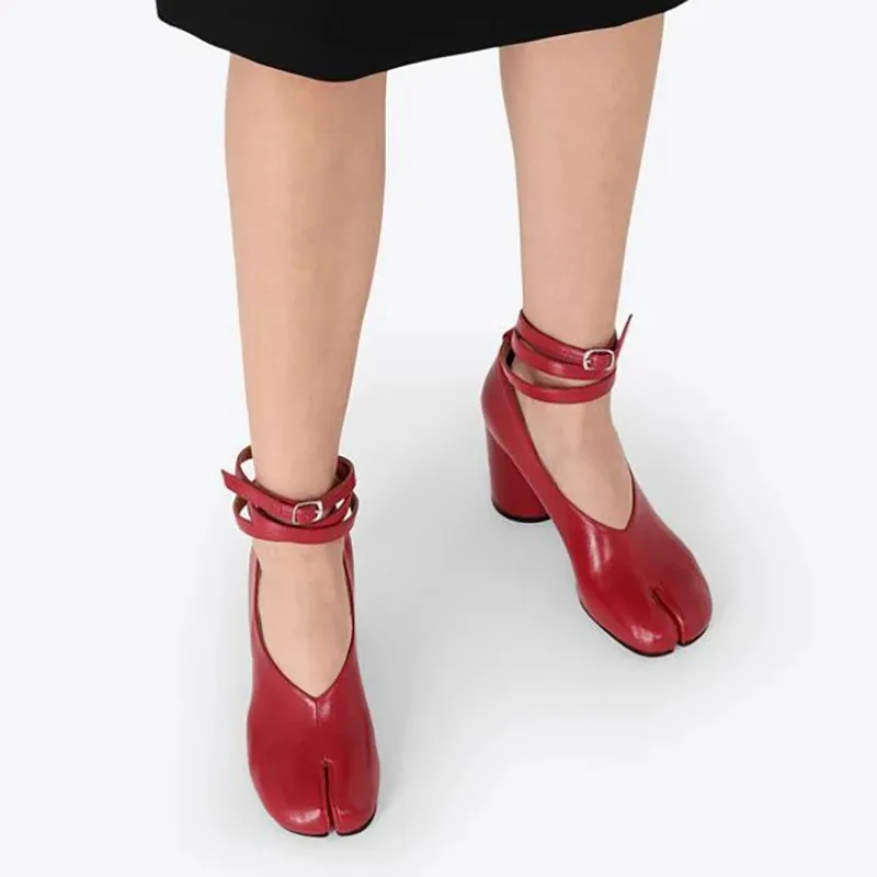 2026 Autumn Brand Design Split Toe Women Pumps Elegant Red Leather Shoes Women Chunky Round Strap Buckle High Heels Female