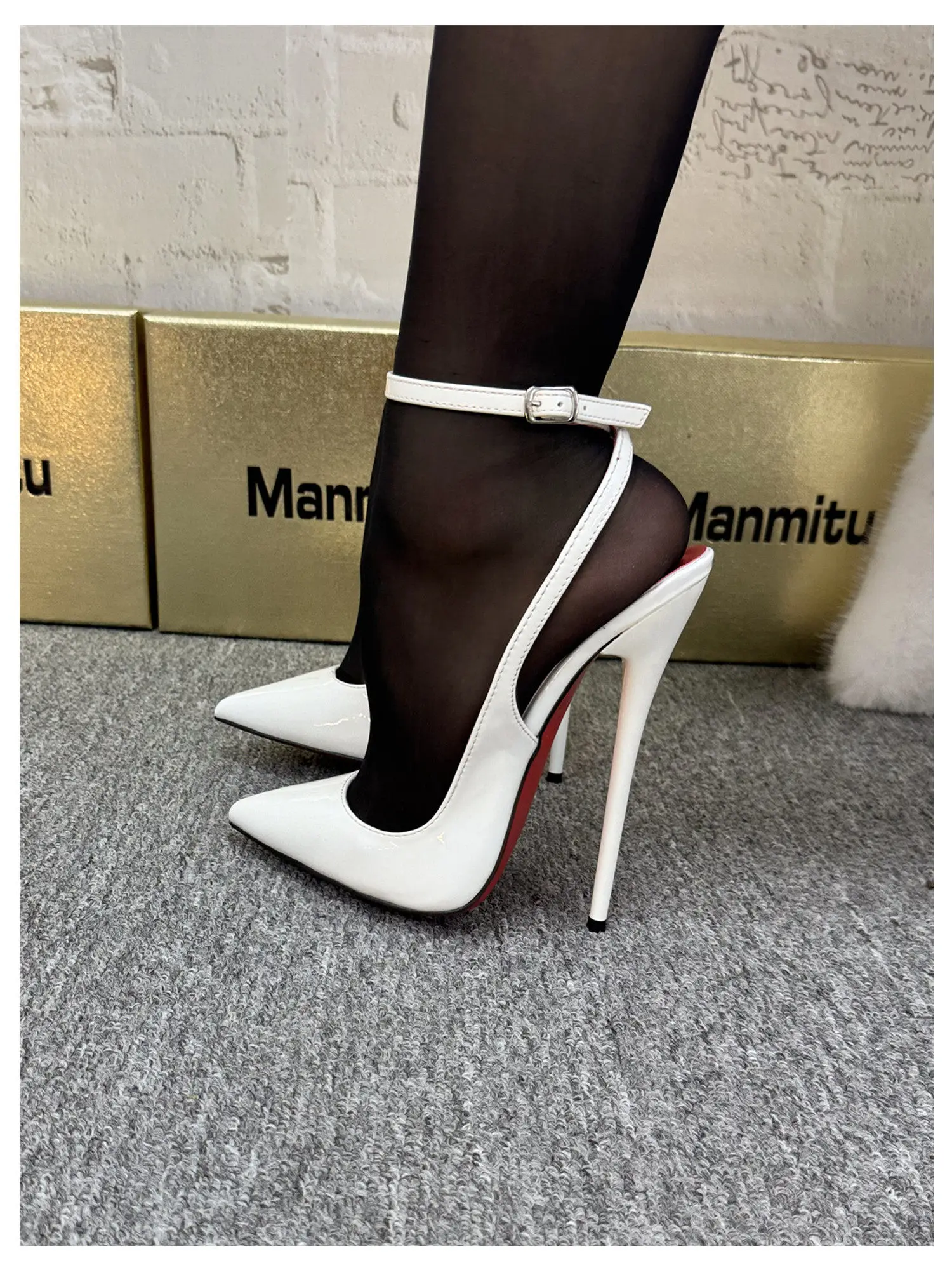 New 12CM Red Patent Leather Ankle Strap Super High Heels Women's Shoes, Shallow Mouth Sexy Back Hollow Pointed Sandals