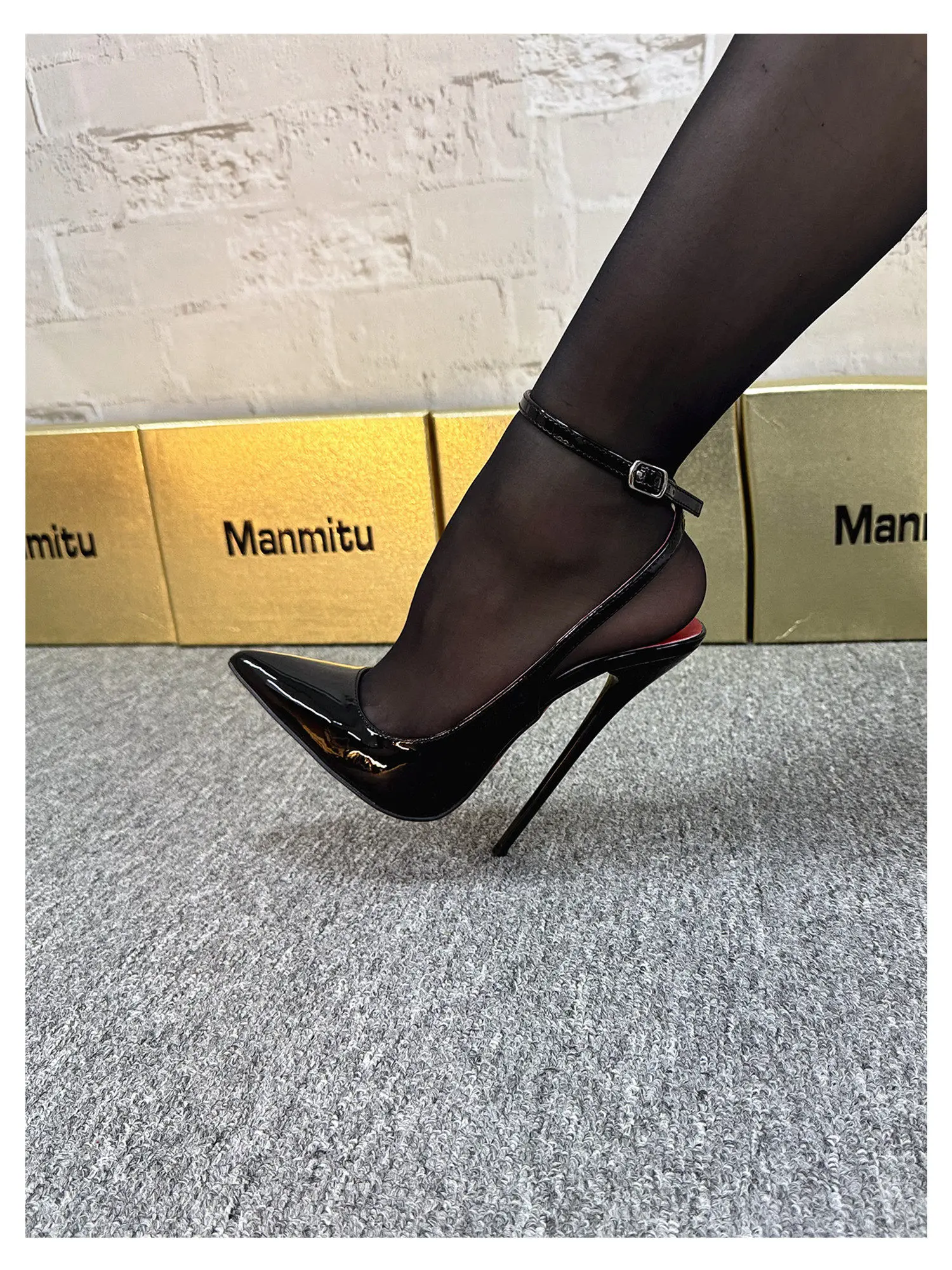 New 12CM Red Patent Leather Ankle Strap Super High Heels Women's Shoes, Shallow Mouth Sexy Back Hollow Pointed Sandals