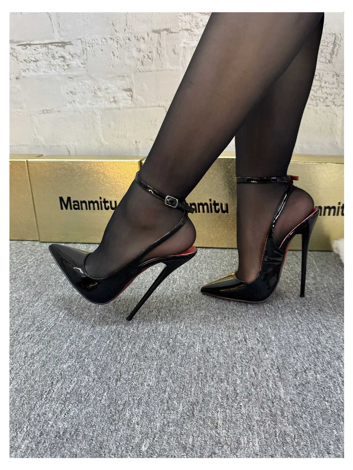 New 12CM Red Patent Leather Ankle Strap Super High Heels Women's Shoes, Shallow Mouth Sexy Back Hollow Pointed Sandals