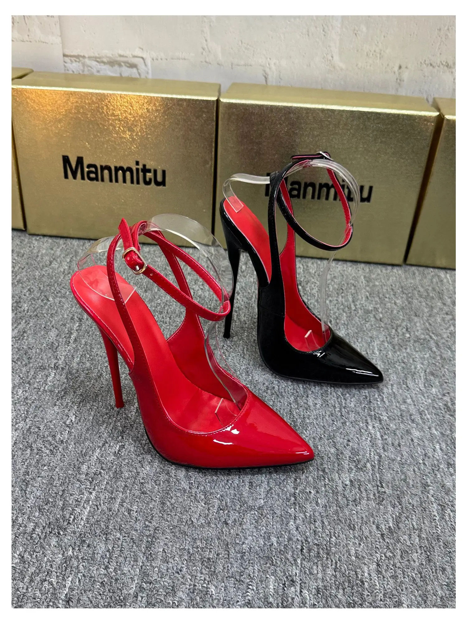 New 12CM Red Patent Leather Ankle Strap Super High Heels Women's Shoes, Shallow Mouth Sexy Back Hollow Pointed Sandals