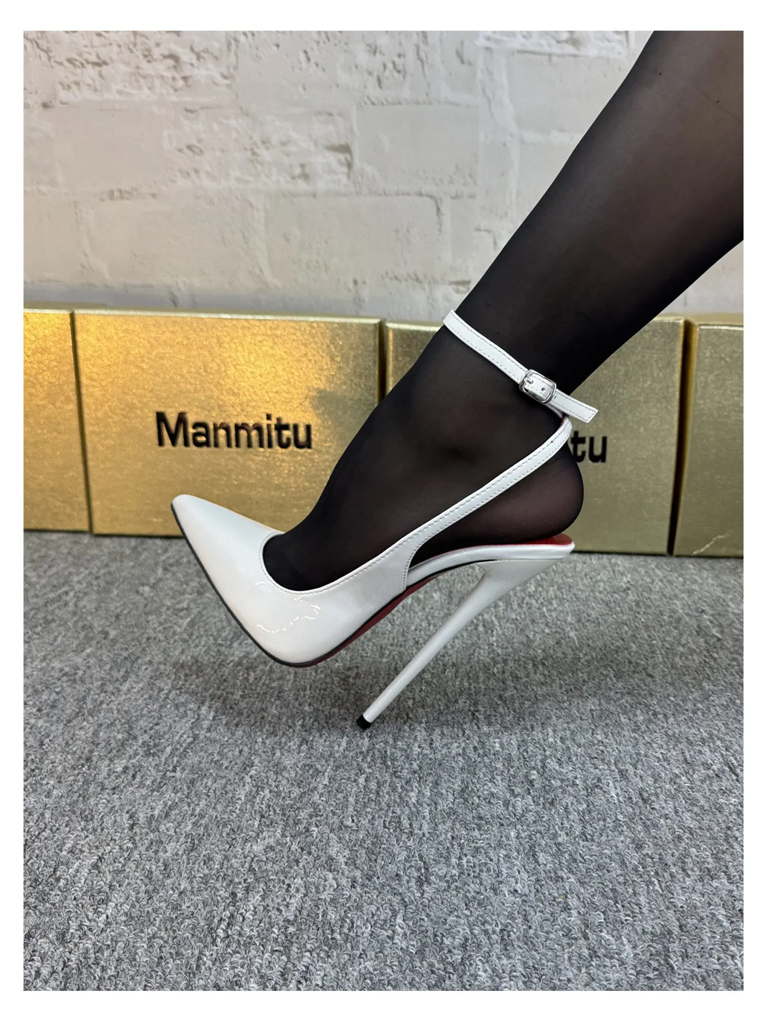 New 12CM Red Patent Leather Ankle Strap Super High Heels Women's Shoes, Shallow Mouth Sexy Back Hollow Pointed Sandals
