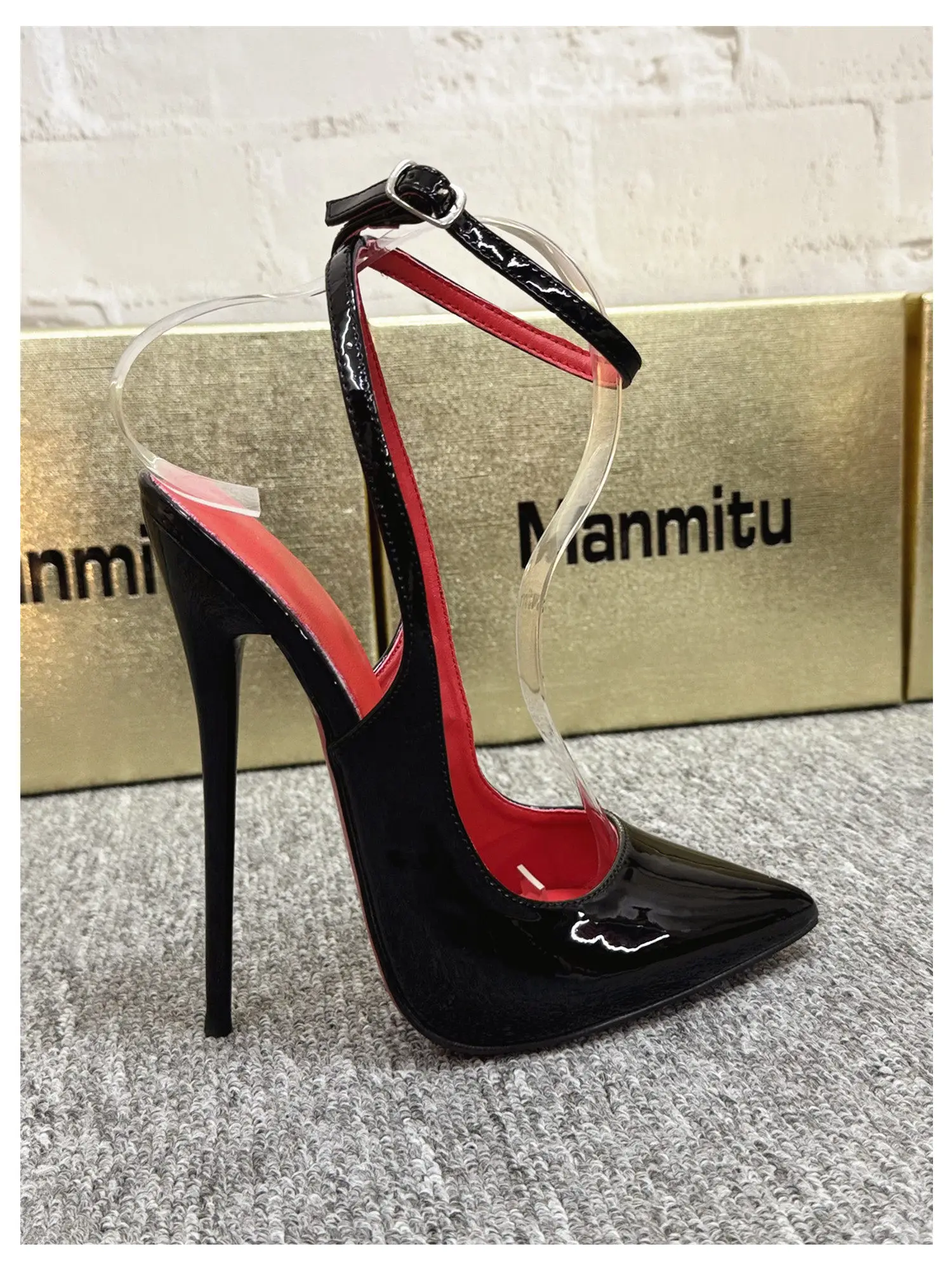 New 12CM Red Patent Leather Ankle Strap Super High Heels Women's Shoes, Shallow Mouth Sexy Back Hollow Pointed Sandals