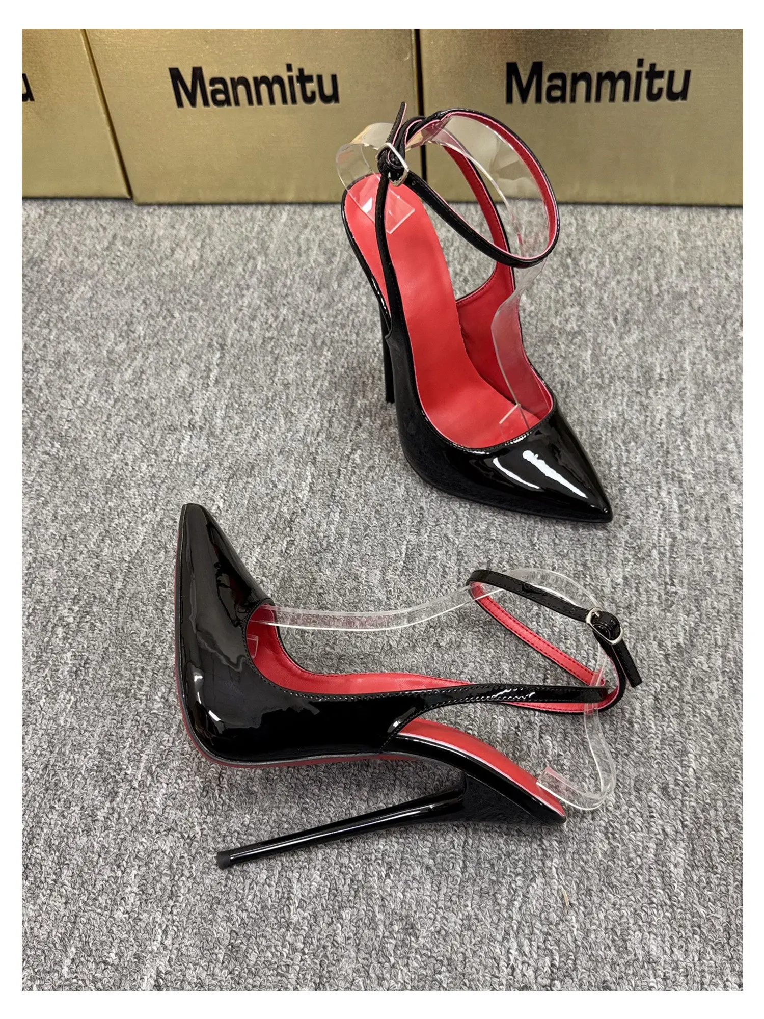 New 12CM Red Patent Leather Ankle Strap Super High Heels Women's Shoes, Shallow Mouth Sexy Back Hollow Pointed Sandals