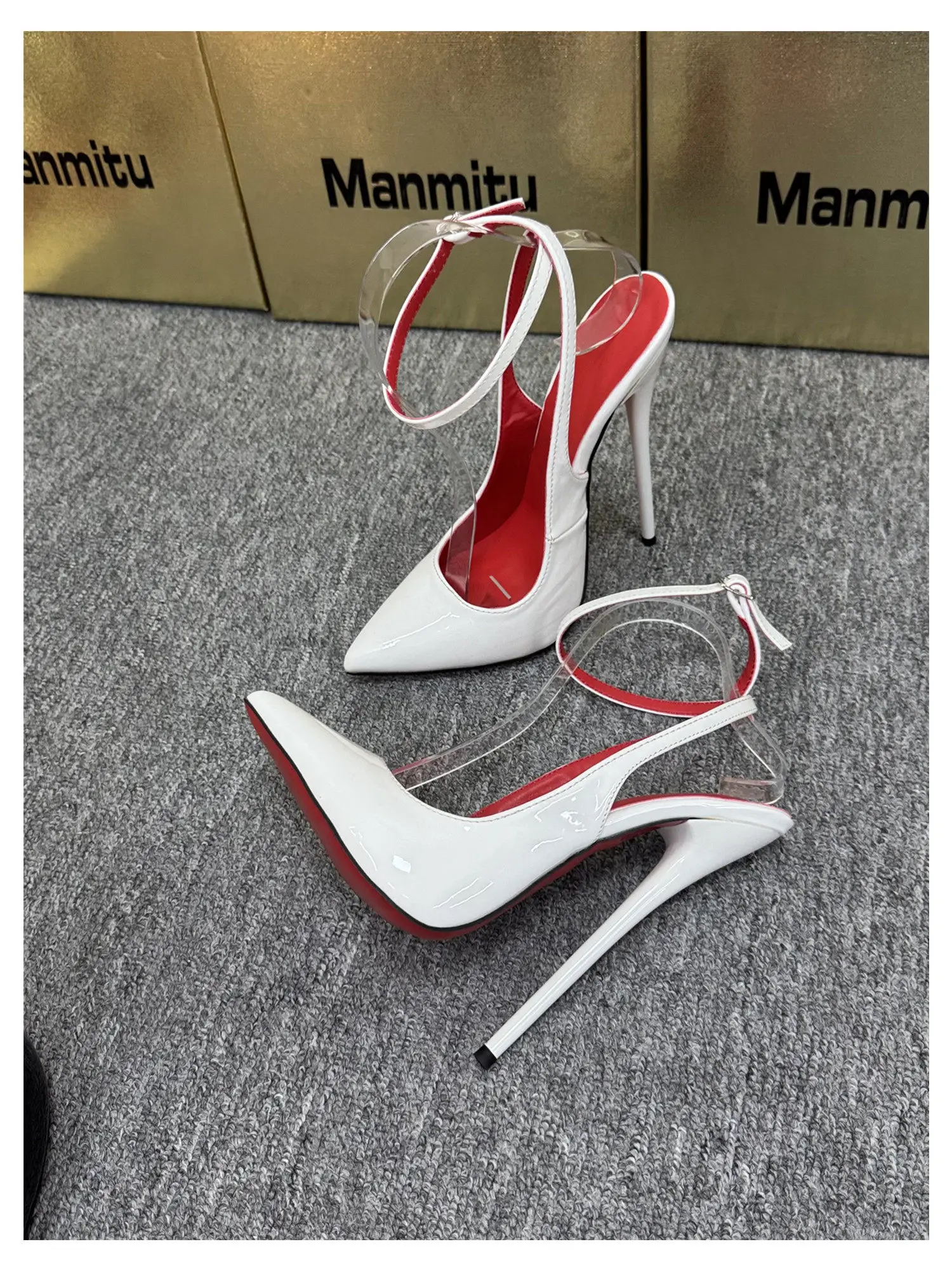 New 12CM Red Patent Leather Ankle Strap Super High Heels Women's Shoes, Shallow Mouth Sexy Back Hollow Pointed Sandals