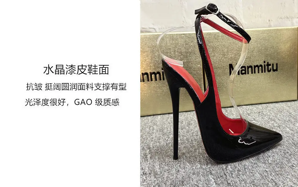 New 12CM Red Patent Leather Ankle Strap Super High Heels Women's Shoes, Shallow Mouth Sexy Back Hollow Pointed Sandals