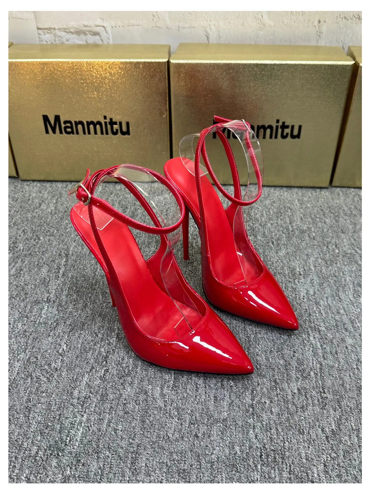 New 12CM Red Patent Leather Ankle Strap Super High Heels Women's Shoes, Shallow Mouth Sexy Back Hollow Pointed Sandals