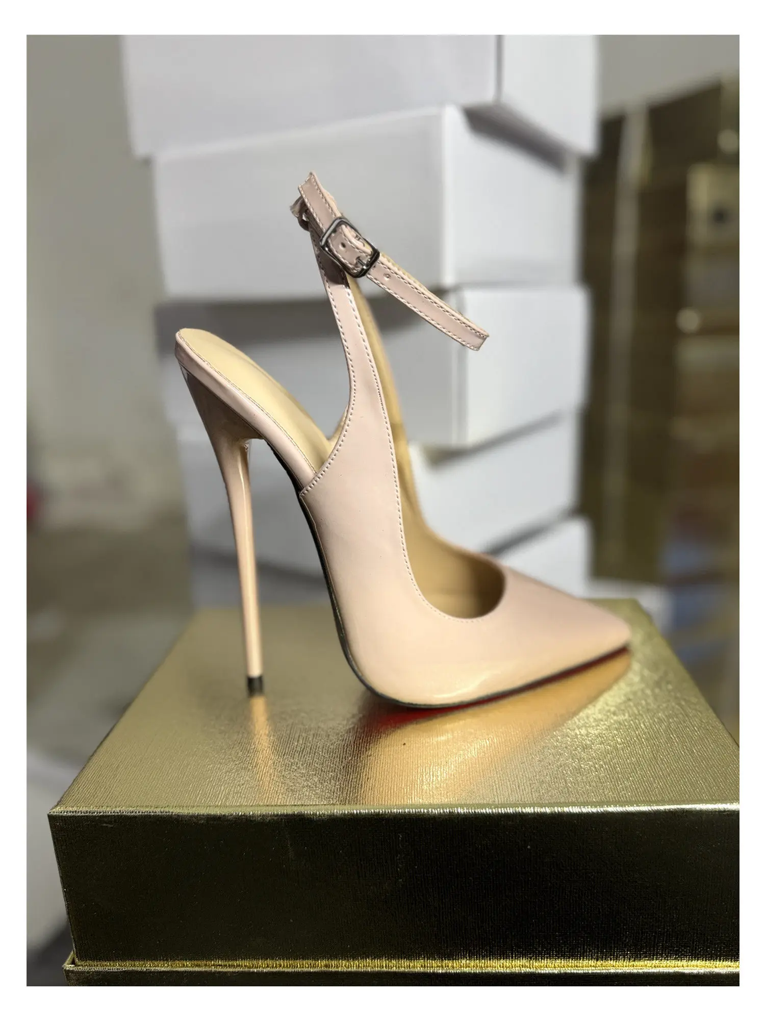 New 12CM Red Patent Leather Ankle Strap Super High Heels Women's Shoes, Shallow Mouth Sexy Back Hollow Pointed Sandals