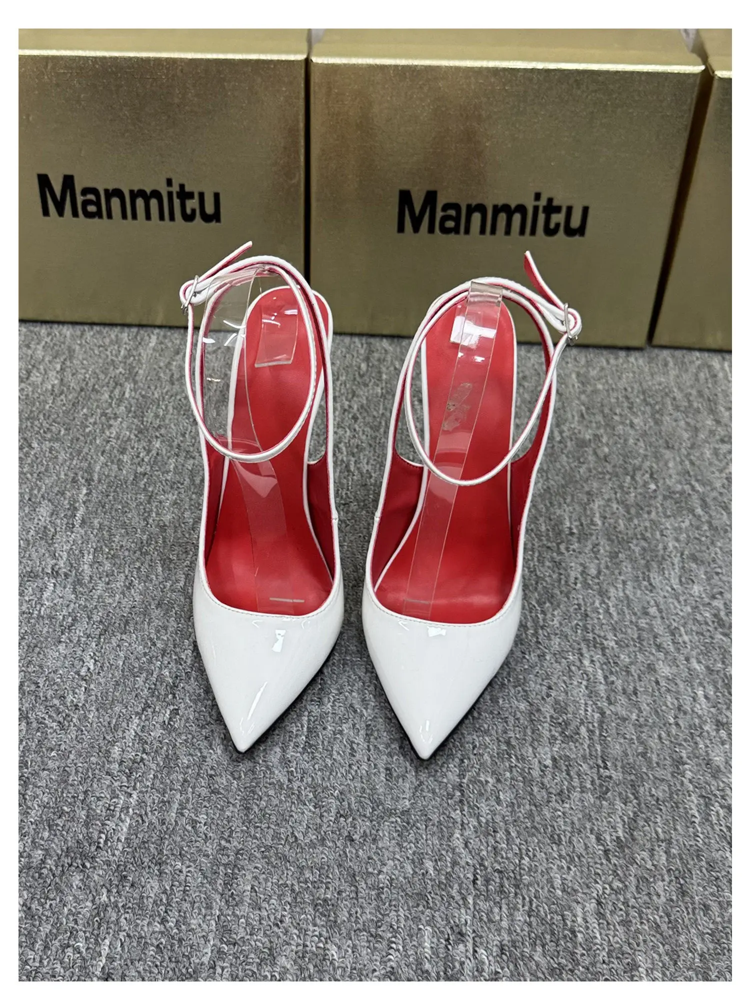 New 12CM Red Patent Leather Ankle Strap Super High Heels Women's Shoes, Shallow Mouth Sexy Back Hollow Pointed Sandals