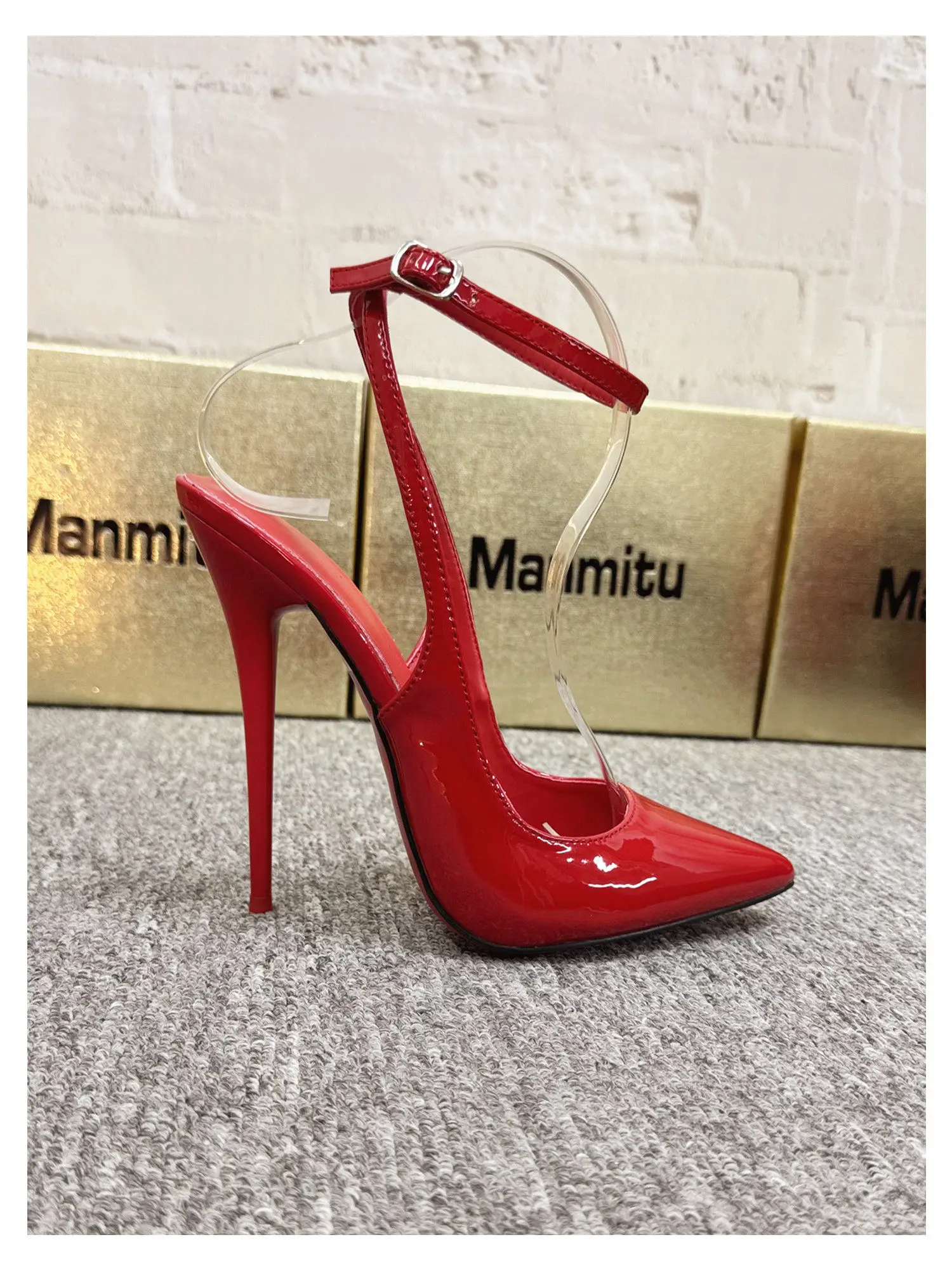 New 12CM Red Patent Leather Ankle Strap Super High Heels Women's Shoes, Shallow Mouth Sexy Back Hollow Pointed Sandals
