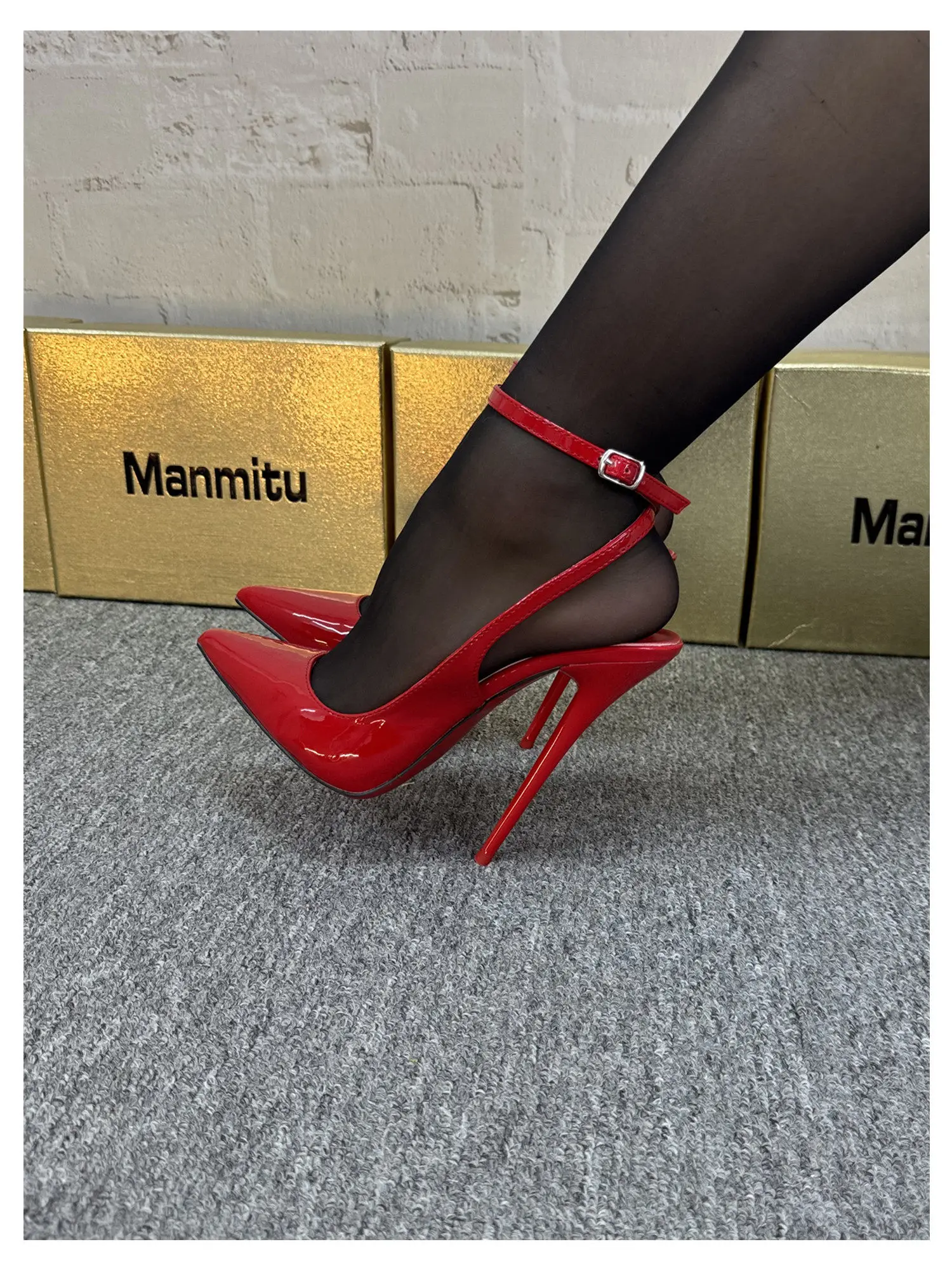 New 12CM Red Patent Leather Ankle Strap Super High Heels Women's Shoes, Shallow Mouth Sexy Back Hollow Pointed Sandals