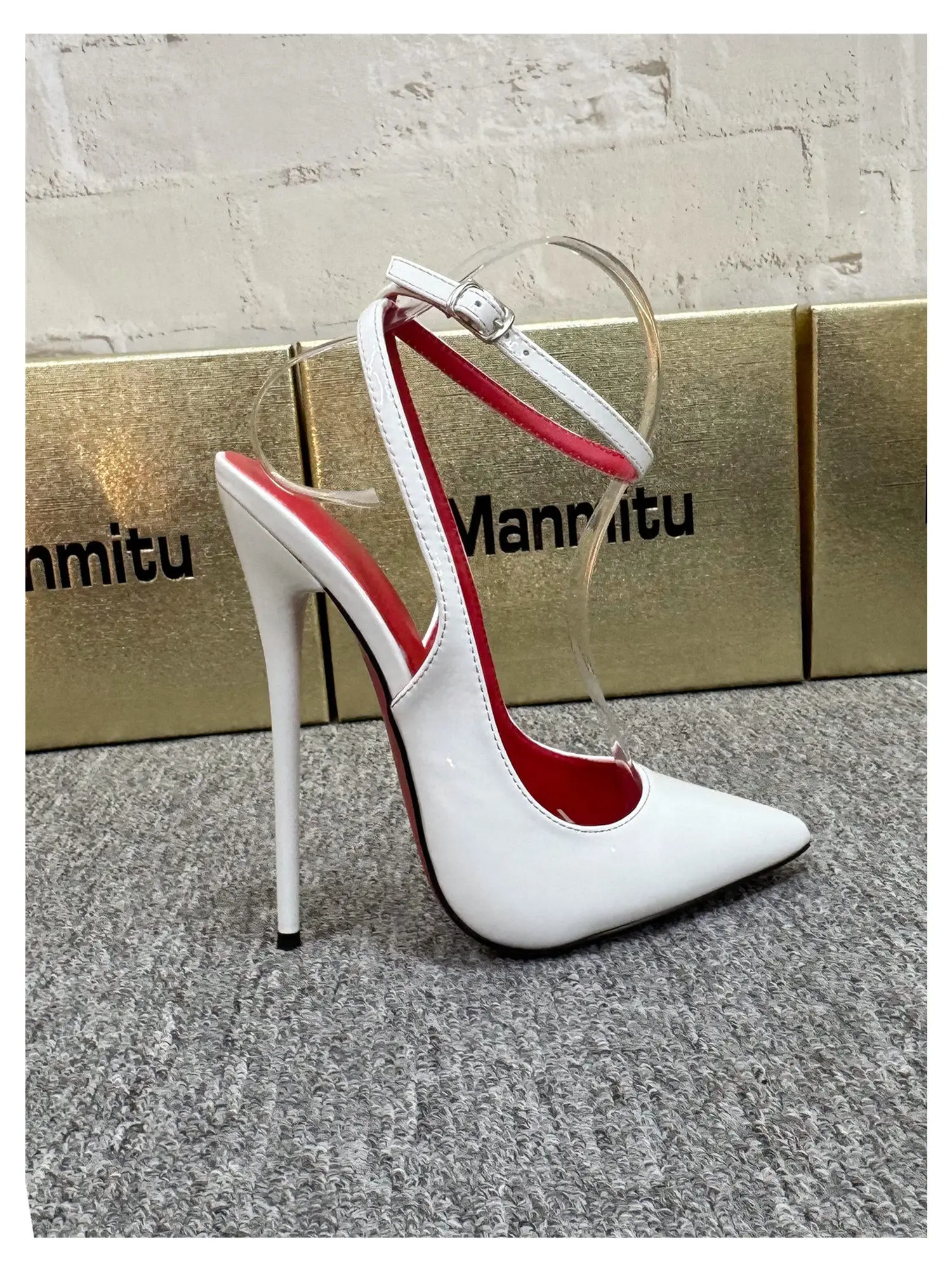 New 12CM Red Patent Leather Ankle Strap Super High Heels Women's Shoes, Shallow Mouth Sexy Back Hollow Pointed Sandals
