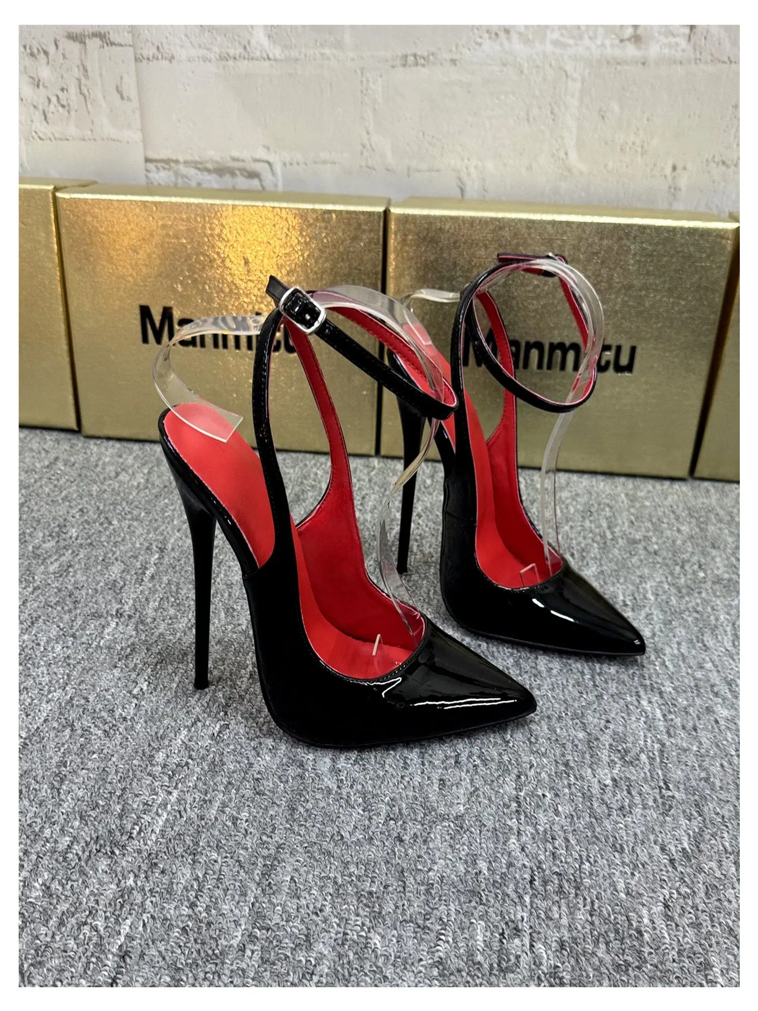 New 12CM Red Patent Leather Ankle Strap Super High Heels Women's Shoes, Shallow Mouth Sexy Back Hollow Pointed Sandals