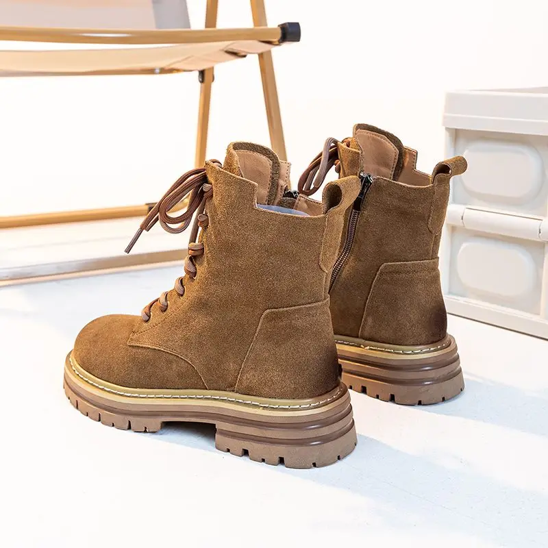 ASUMER Cow Suede Leather Ankle Boots For Women Zipper Platform Boots Retro Autumn Winter Motorcycle Boots Lady Shoes