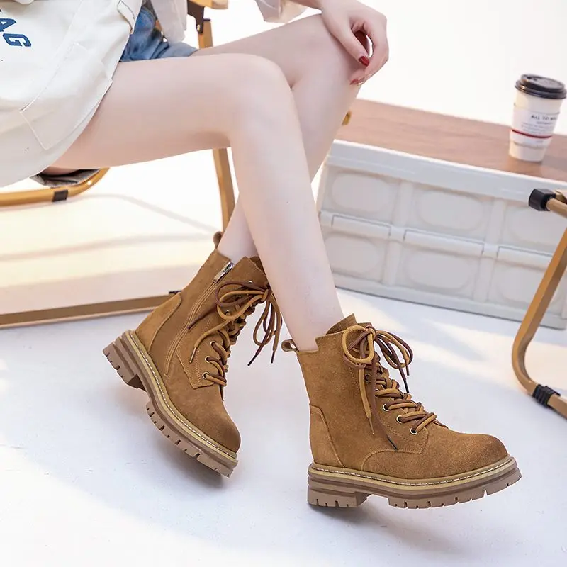 ASUMER Cow Suede Leather Ankle Boots For Women Zipper Platform Boots Retro Autumn Winter Motorcycle Boots Lady Shoes
