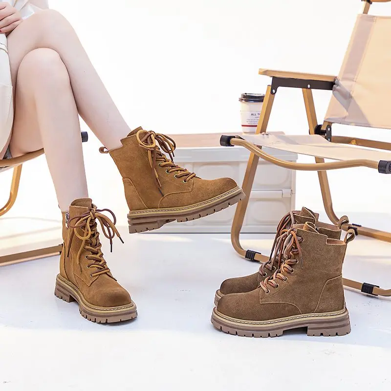 ASUMER Cow Suede Leather Ankle Boots For Women Zipper Platform Boots Retro Autumn Winter Motorcycle Boots Lady Shoes