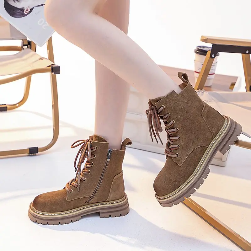 ASUMER Cow Suede Leather Ankle Boots For Women Zipper Platform Boots Retro Autumn Winter Motorcycle Boots Lady Shoes
