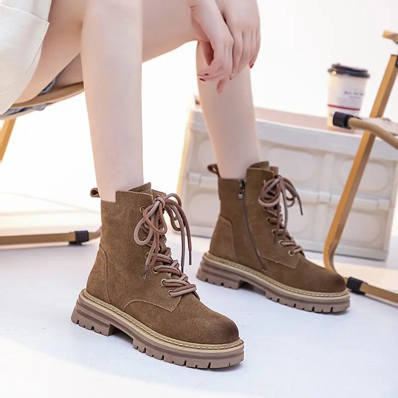 ASUMER Cow Suede Leather Ankle Boots For Women Zipper Platform Boots Retro Autumn Winter Motorcycle Boots Lady Shoes