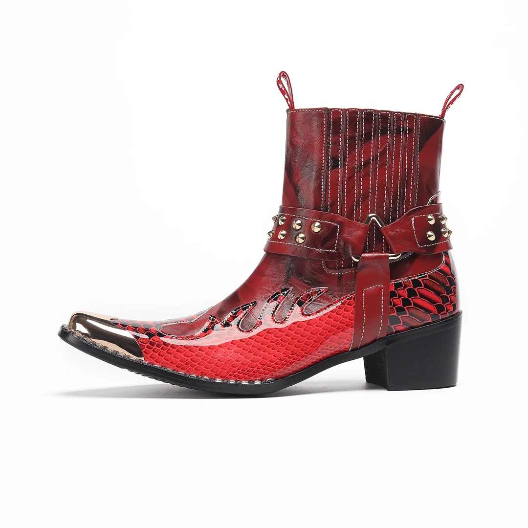 Men's Designer Genuine Leather Ankle Boots Metal‑Pointed Print Rivet Decor Plus‑Size Cowboy Motorcycle Footwear For Business For